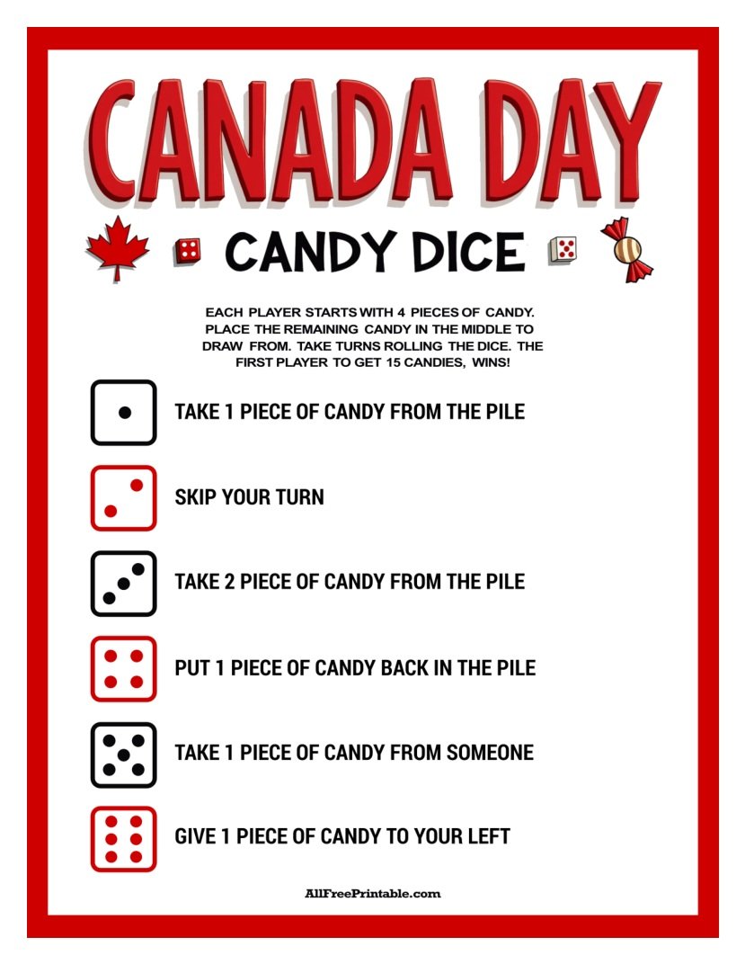 Free Printable Canada Day Candy Dice Game PDF