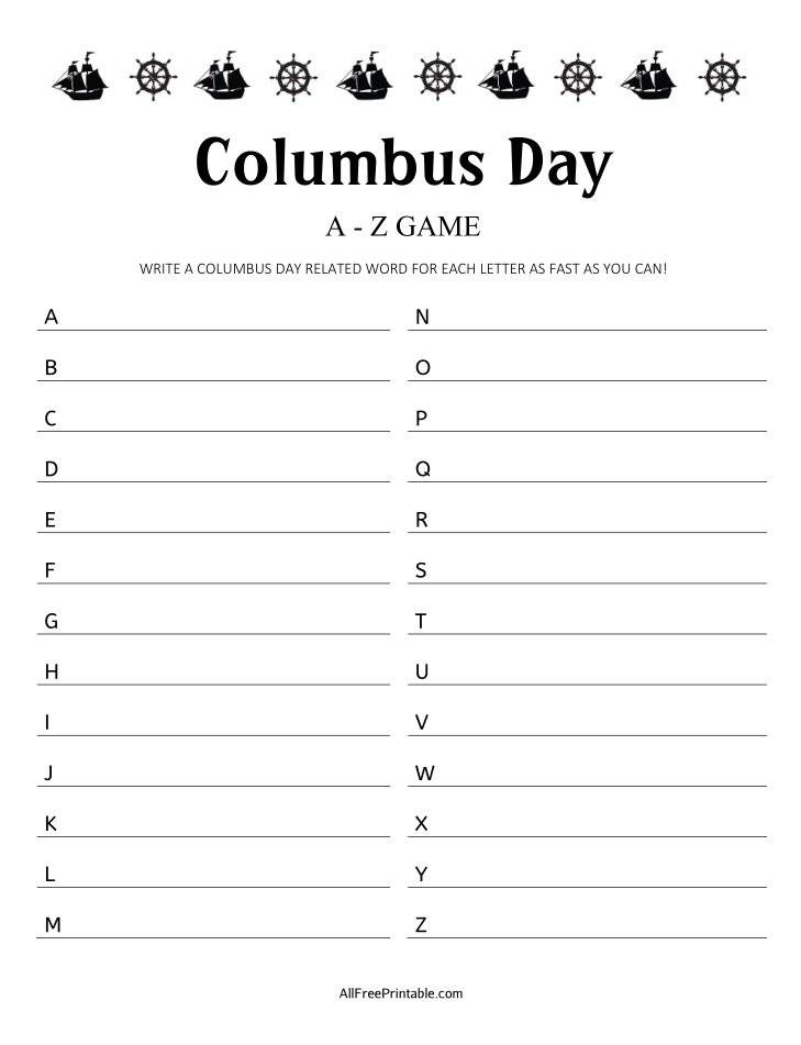 Free Printable Columbus Day A-Z Game