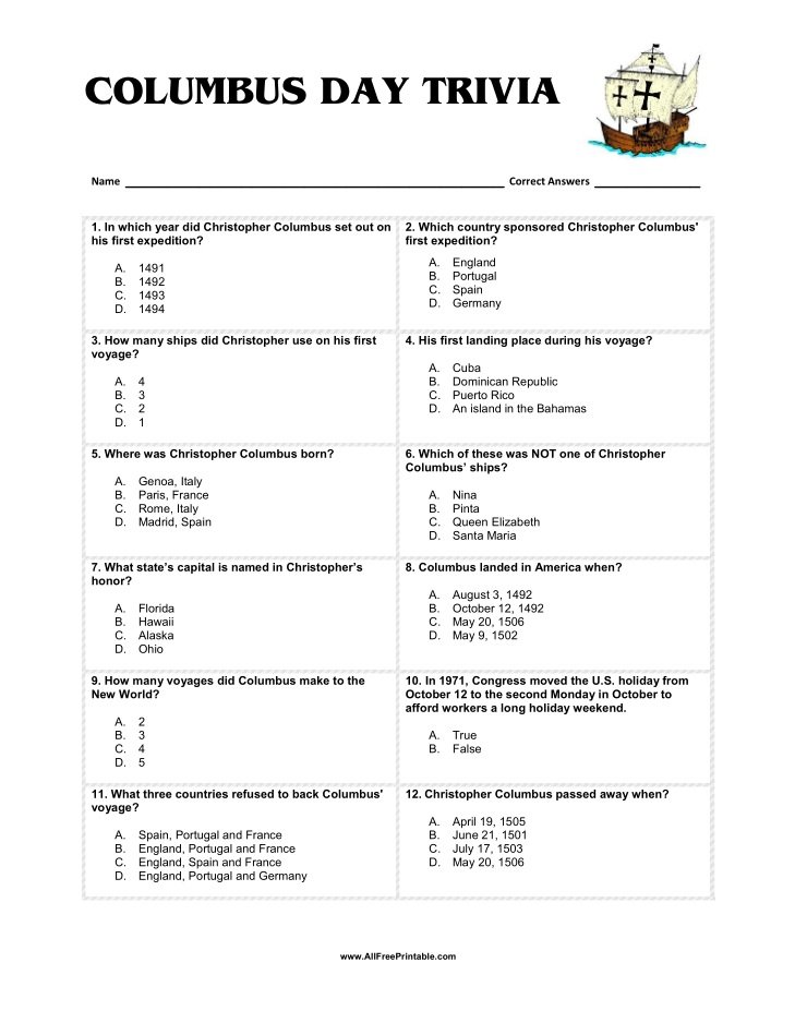 Free Printable Columbus Day Trivia