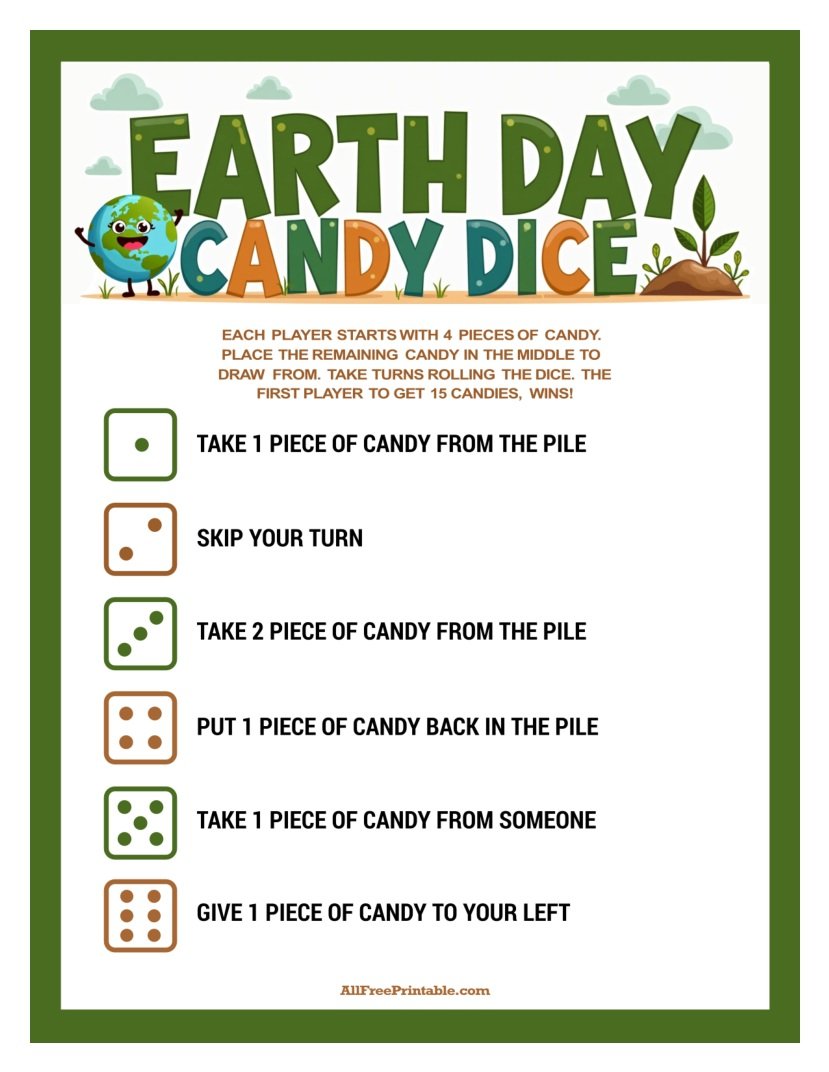Free Printable Earth Day Candy Dice Game