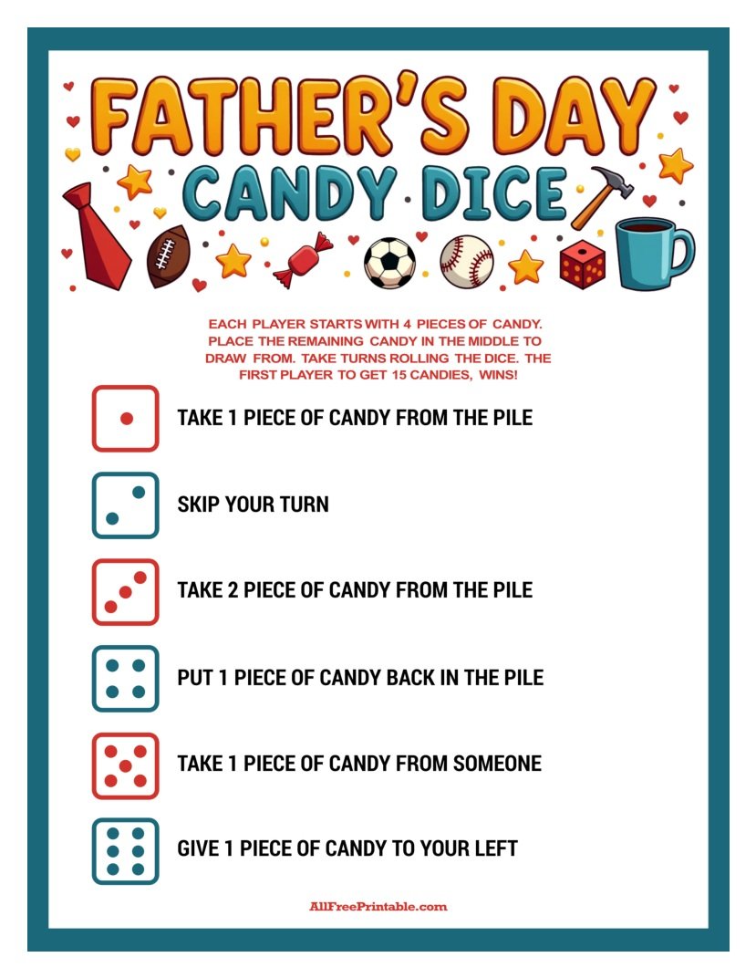 Free Printable Father’s Day Candy Dice Game PDF