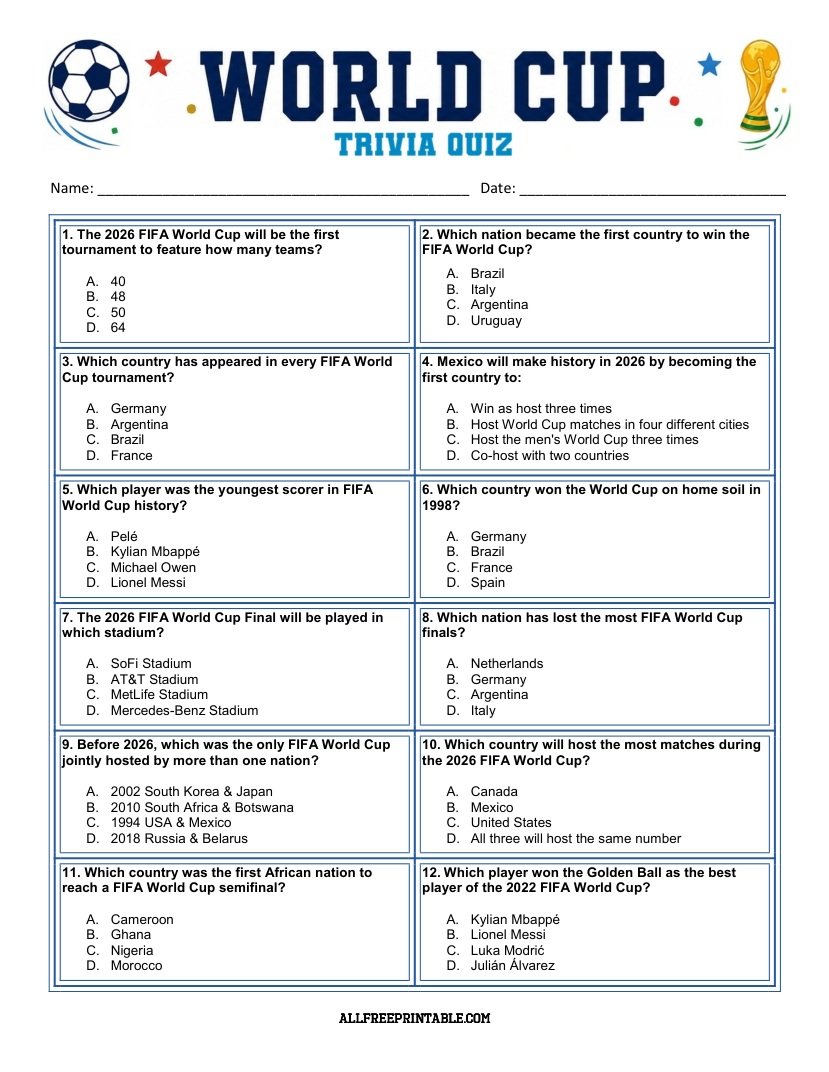 Free Printable FIFA 2026 World Cup Trivia Quiz PDF