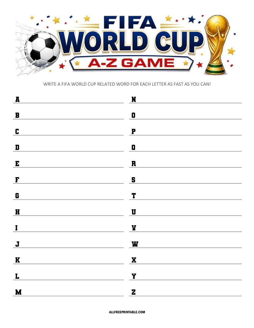 Free Printable FIFA World Cup A-Z Game PDF