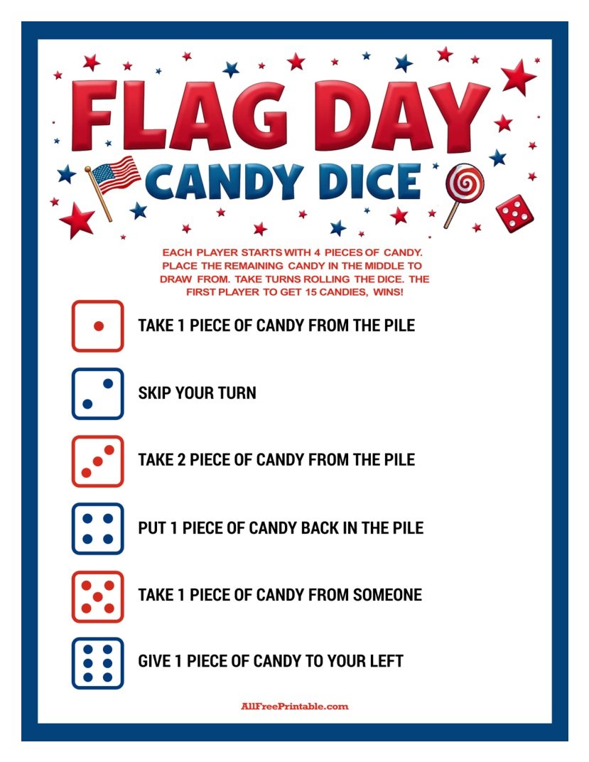 Free Printable Flag Day Candy Dice Game PDF