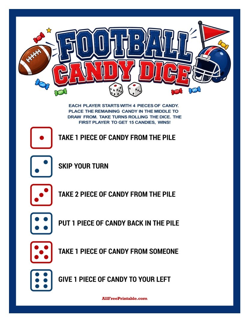 Free Printable Football Candy Dice Game PDF