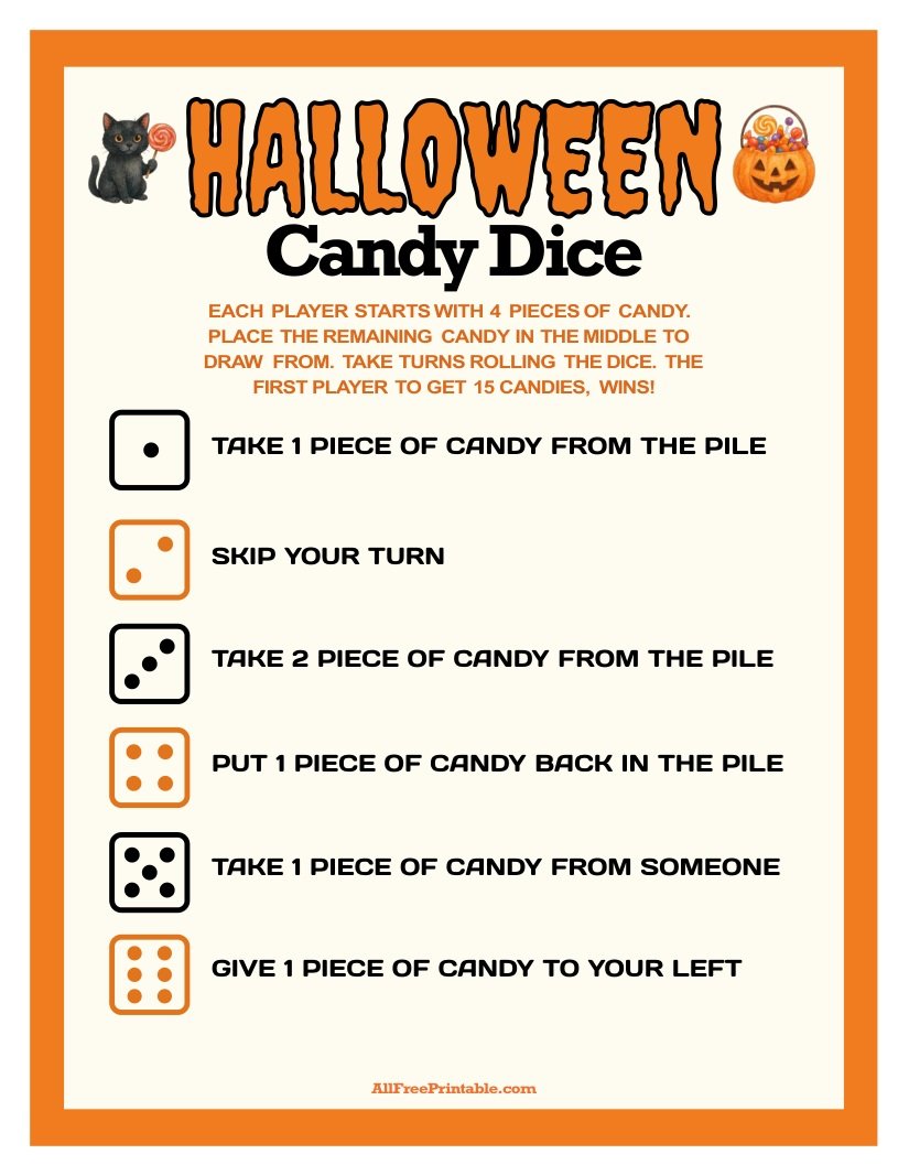 Free Printable Halloween Candy Dice Game
