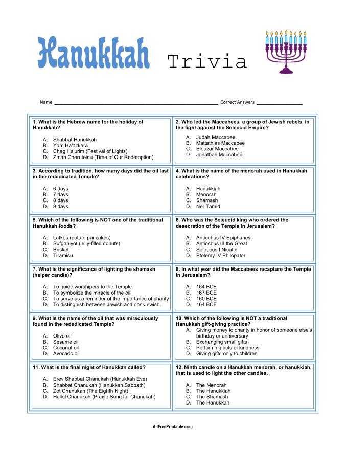 Free Printable Hanukkah Trivia