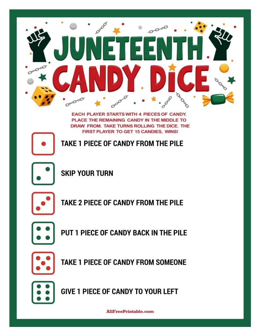 Free Printable Juneteenth Candy Dice Game PDF