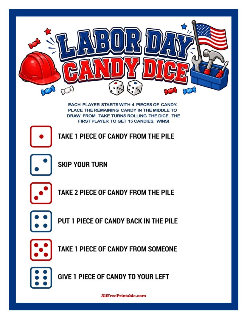 Free Printable Labor Day Candy Dice Game PDF