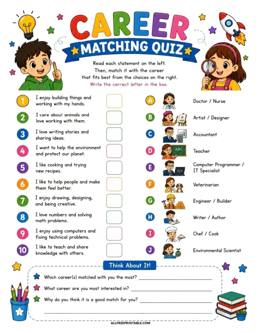 Free Printable Labor Day Career Matching Quiz for Kids PDF