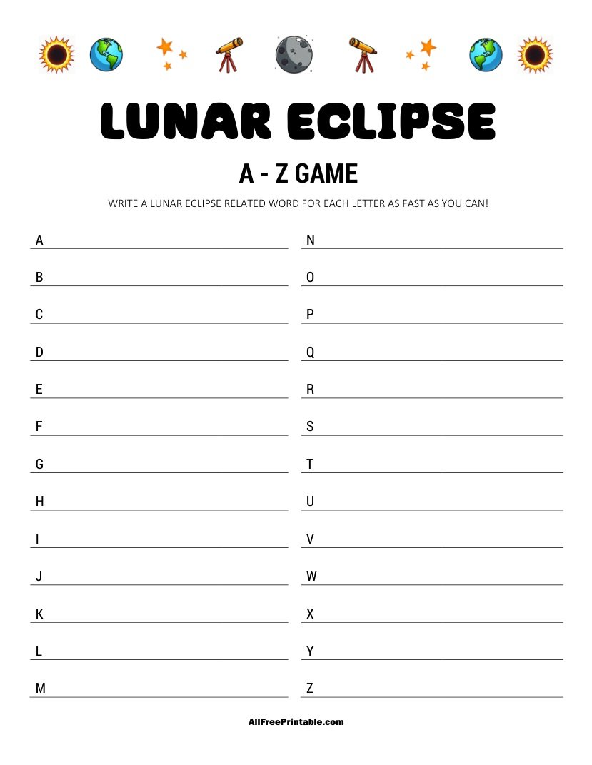 Free Printable Lunar Eclipse A-Z Game PDF