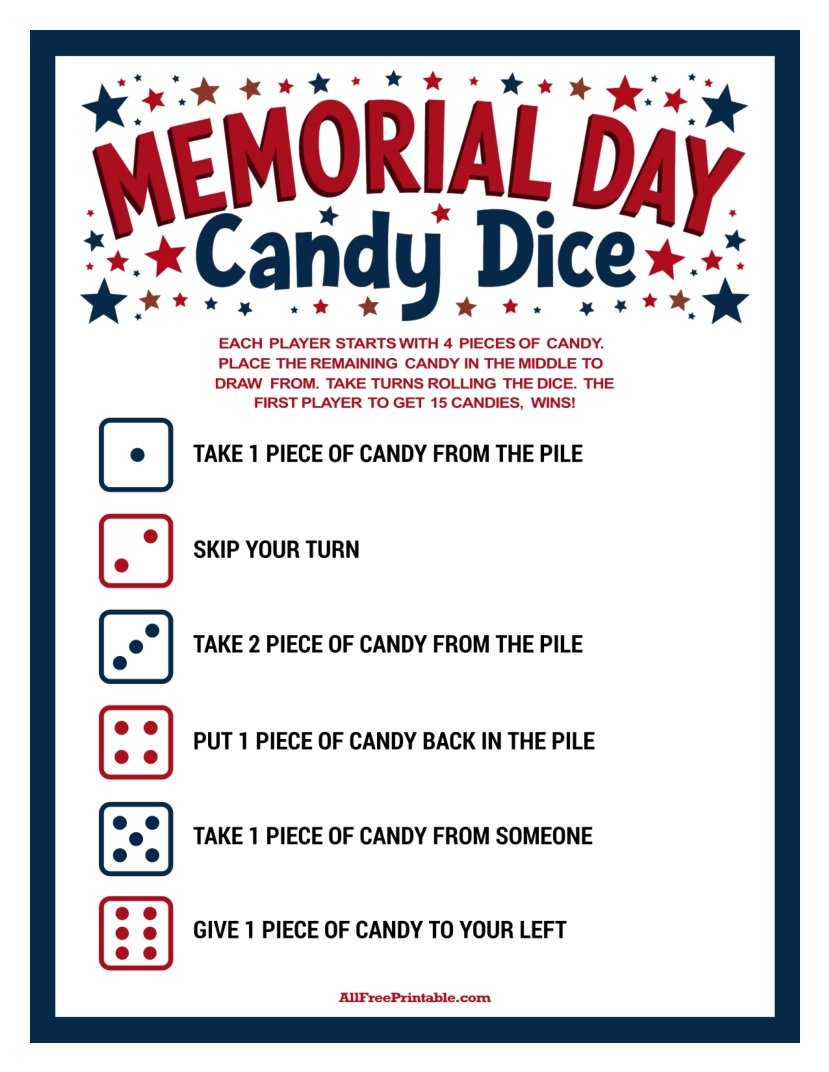 Free Printable Memorial Day Candy Dice Game PDF