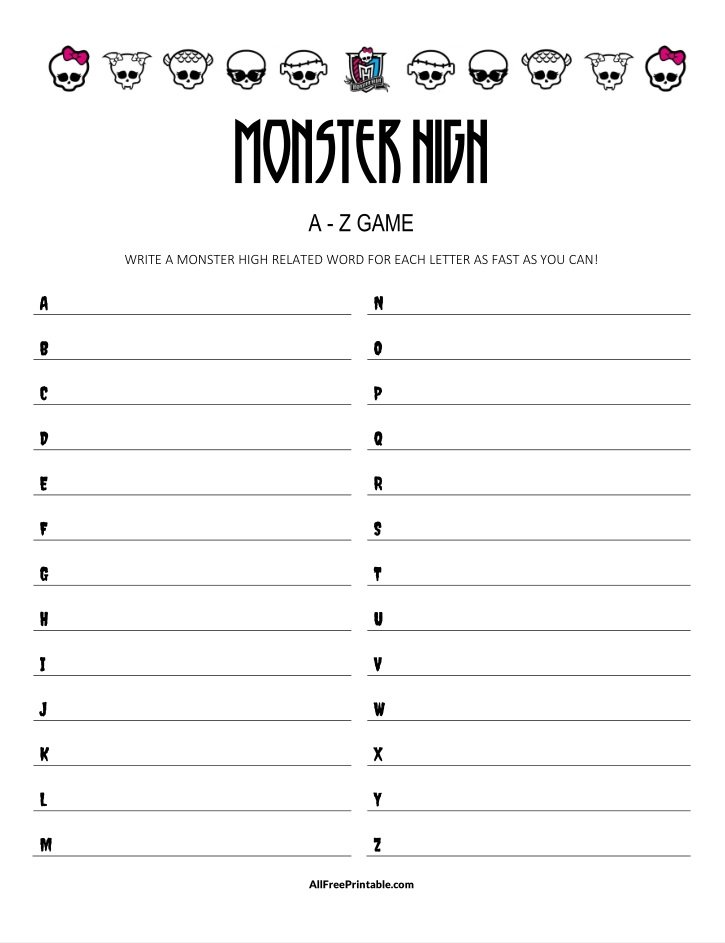 Free Printable Monster High A-Z Game