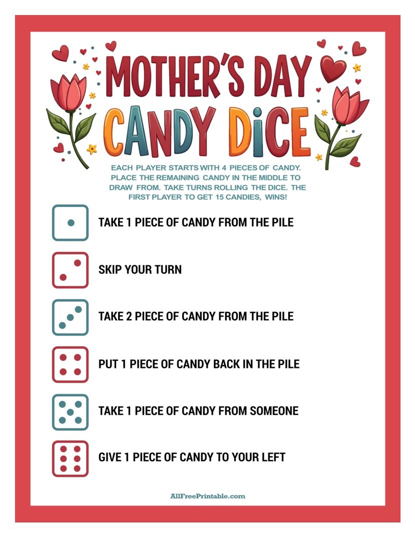 Free Printable Mother’s Day Candy Dice Game PDF