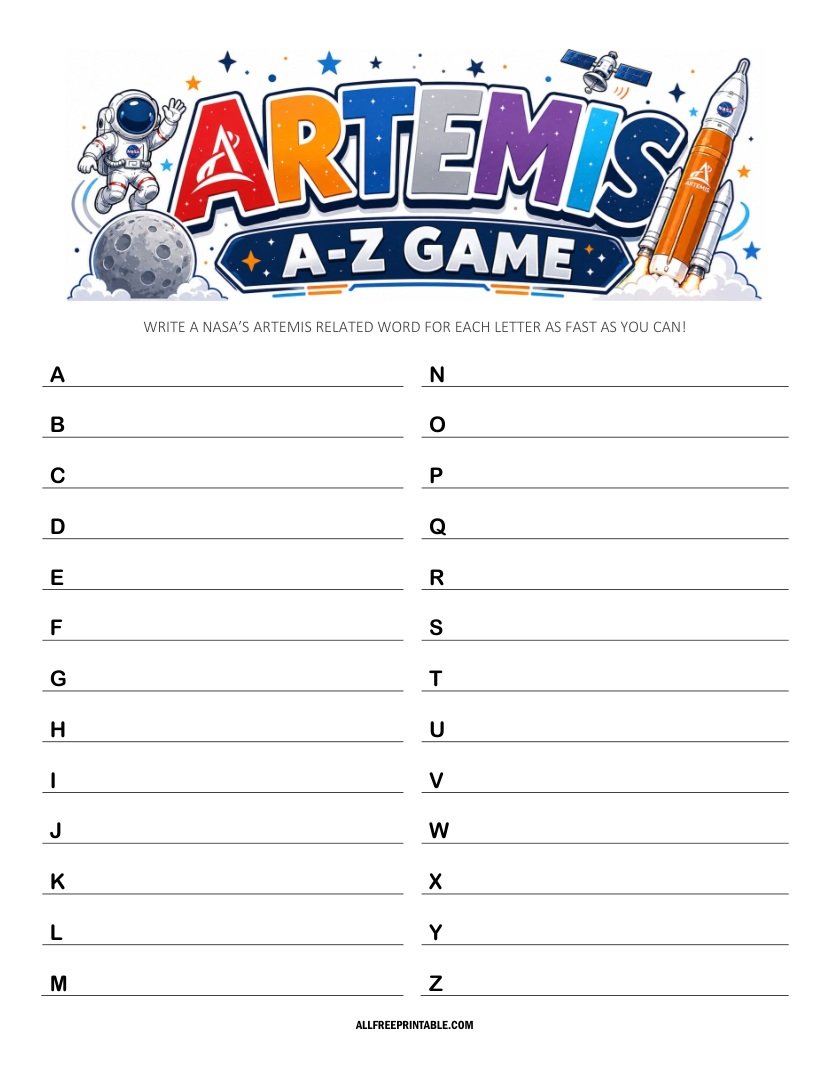 Free Printable NASA's Artemis A-Z Game PDF