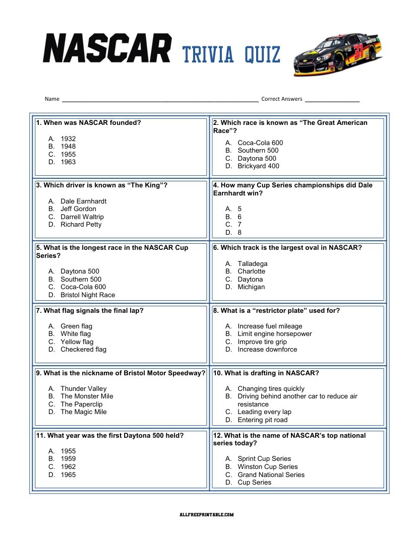 Free Printable NASCAR Trivia Quiz