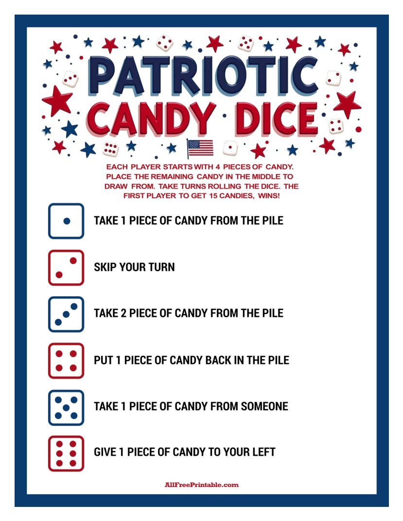 Free Printable Patriotic Candy Dice Game PDF