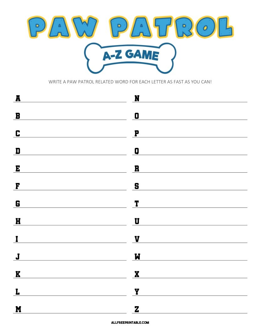Free Printable Paw Patrol A-Z Game PDF