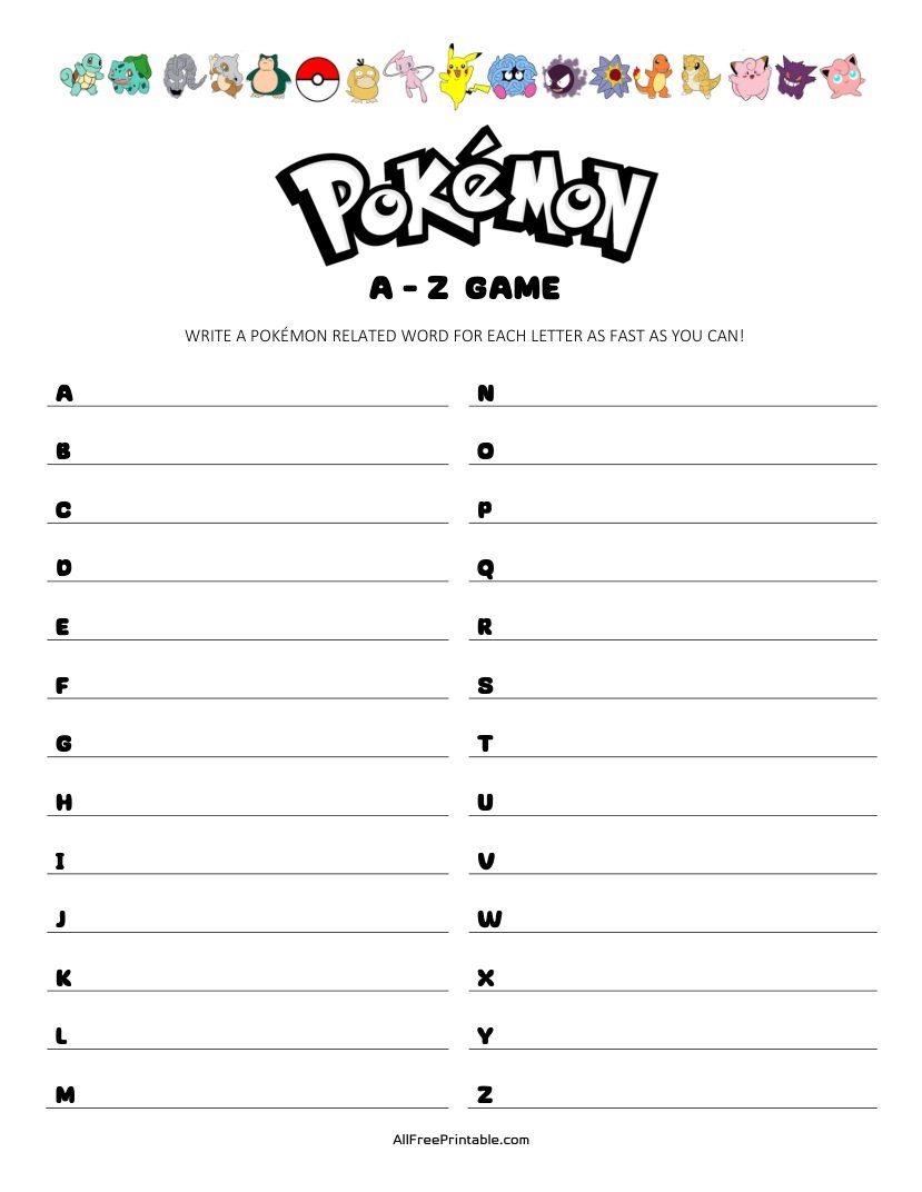 Free Printable Pokémon A-Z Game