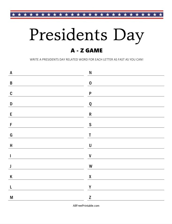Free Printable Presidents Day A-Z Game