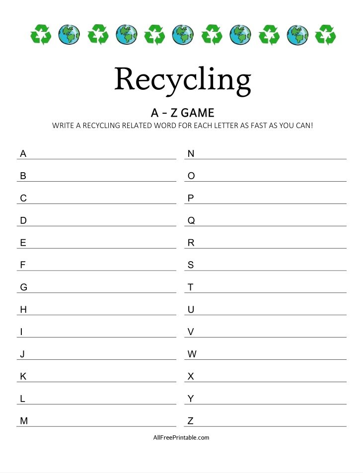Free Printable Recycling A-Z Game