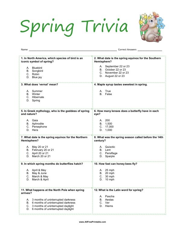 Free Printable Spring Trivia