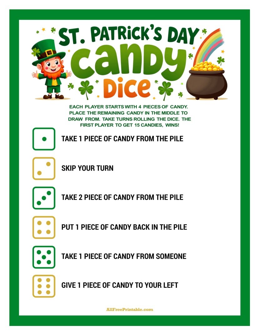Free Printable St. Patrick’s Day Candy Dice Game