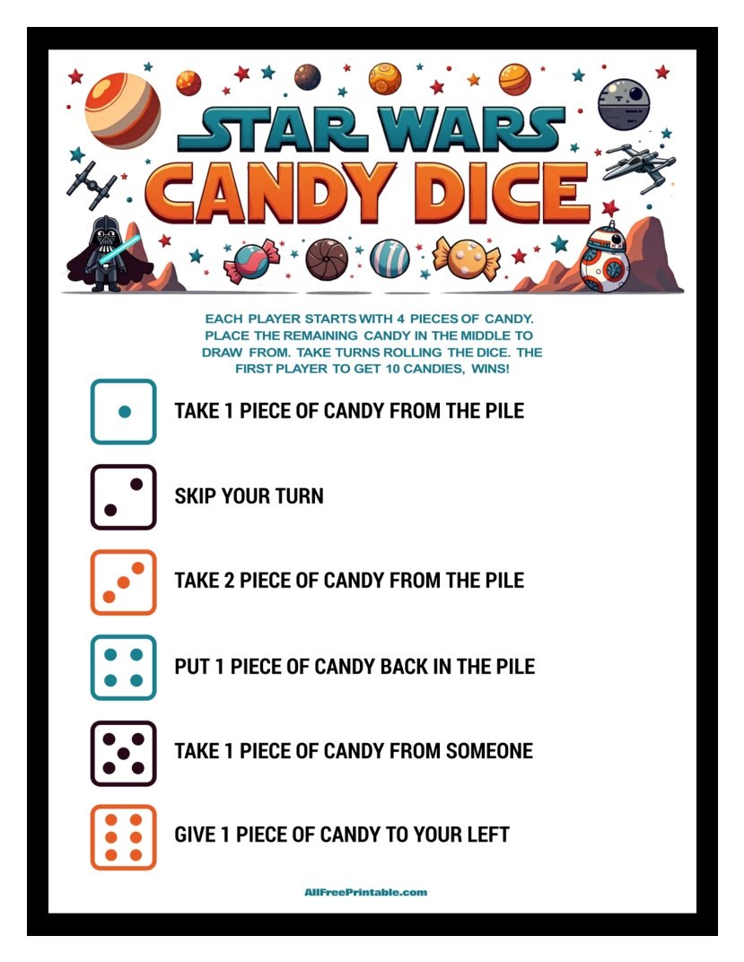 Free Printable Star Wars Candy Dice Game PDF