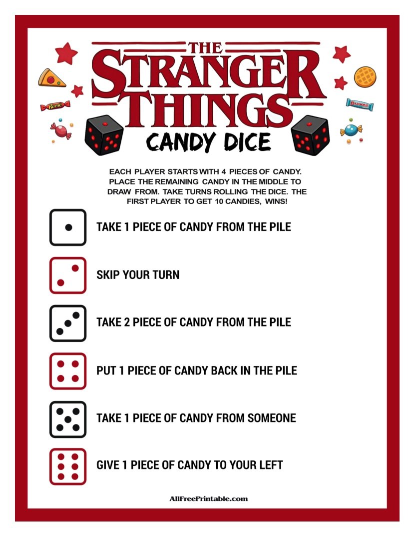 Free Printable Stranger Things Candy Dice Game PDF