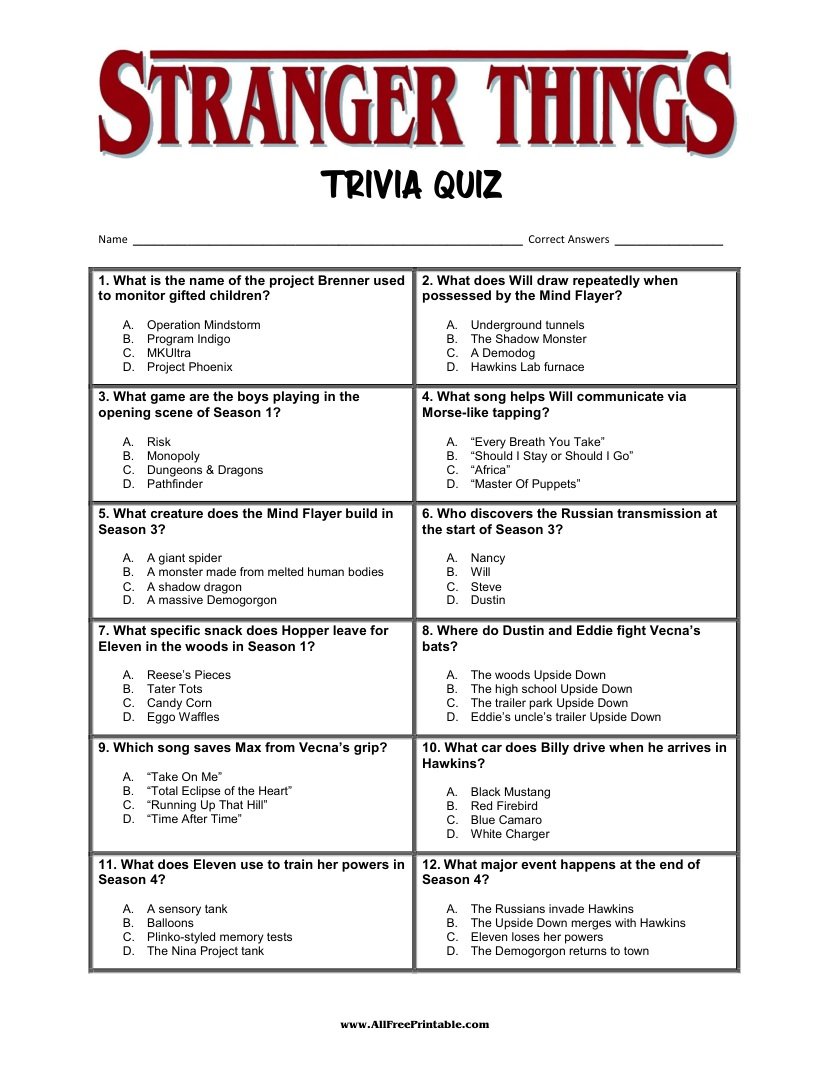 Free Printable Stranger Things Trivia Quiz