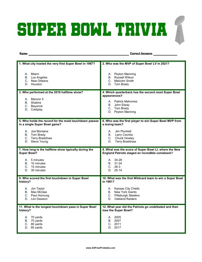 Free Printable Super Bowl Trivia Quiz