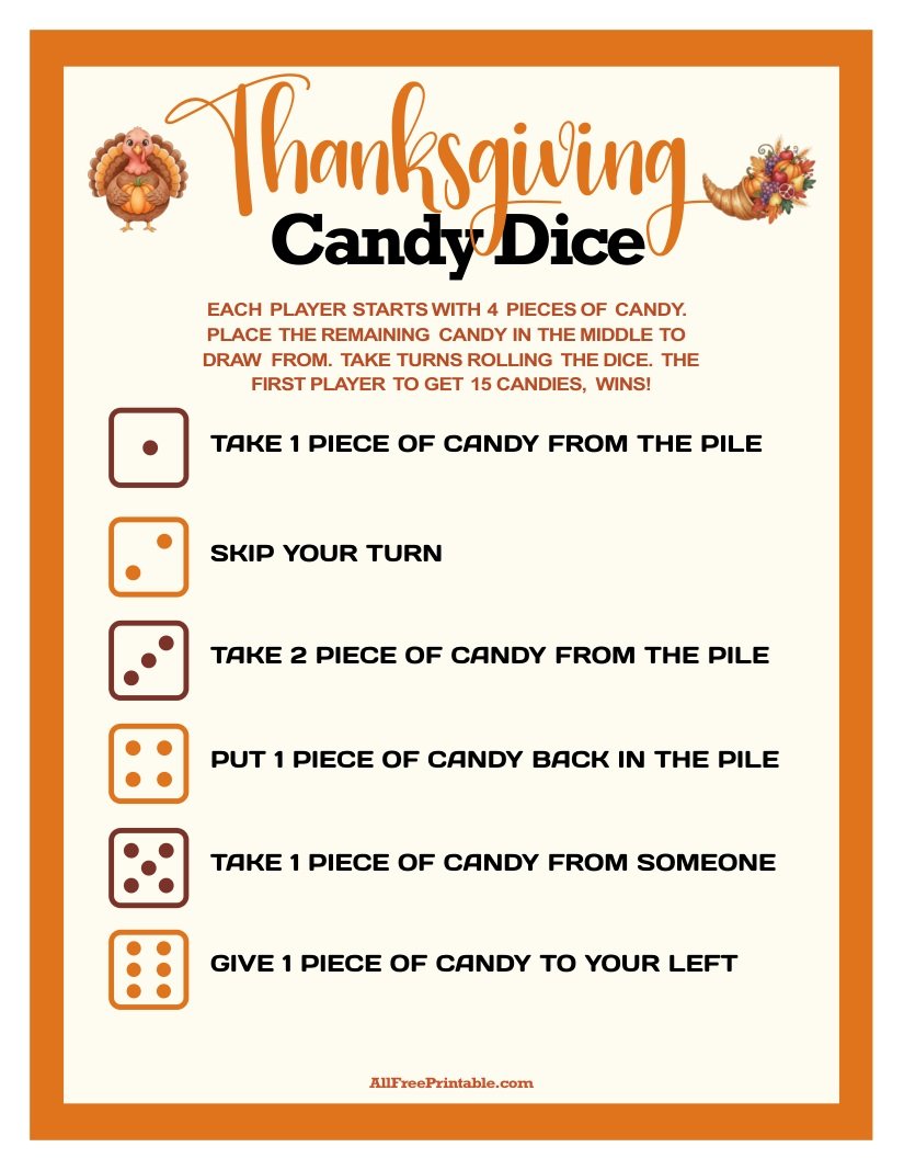 Free Printable Thanksgiving Candy Dice Game