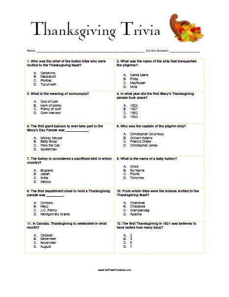 Free Printable Thanksgiving Trivia Game