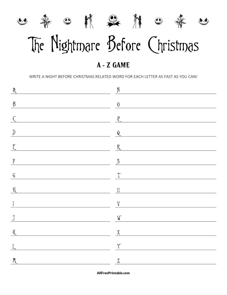 Free Printable The Nightmare Before Christmas A-Z Game