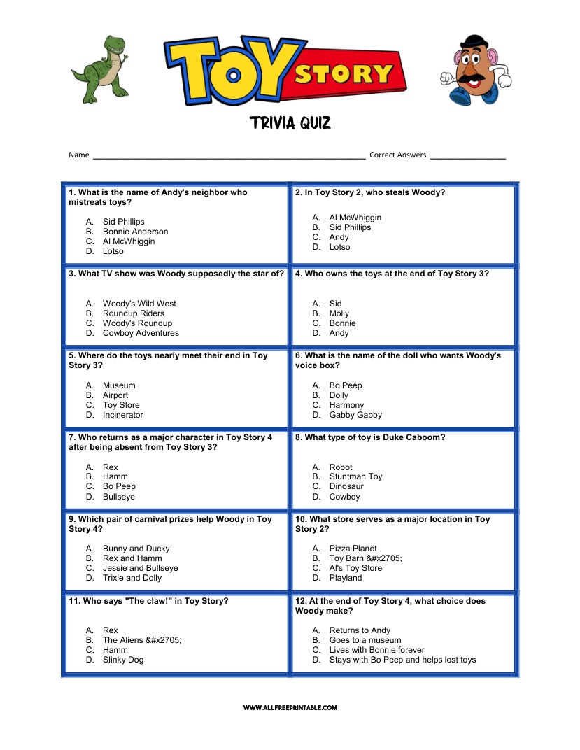 Free Printable Toy Story Trivia Quiz
