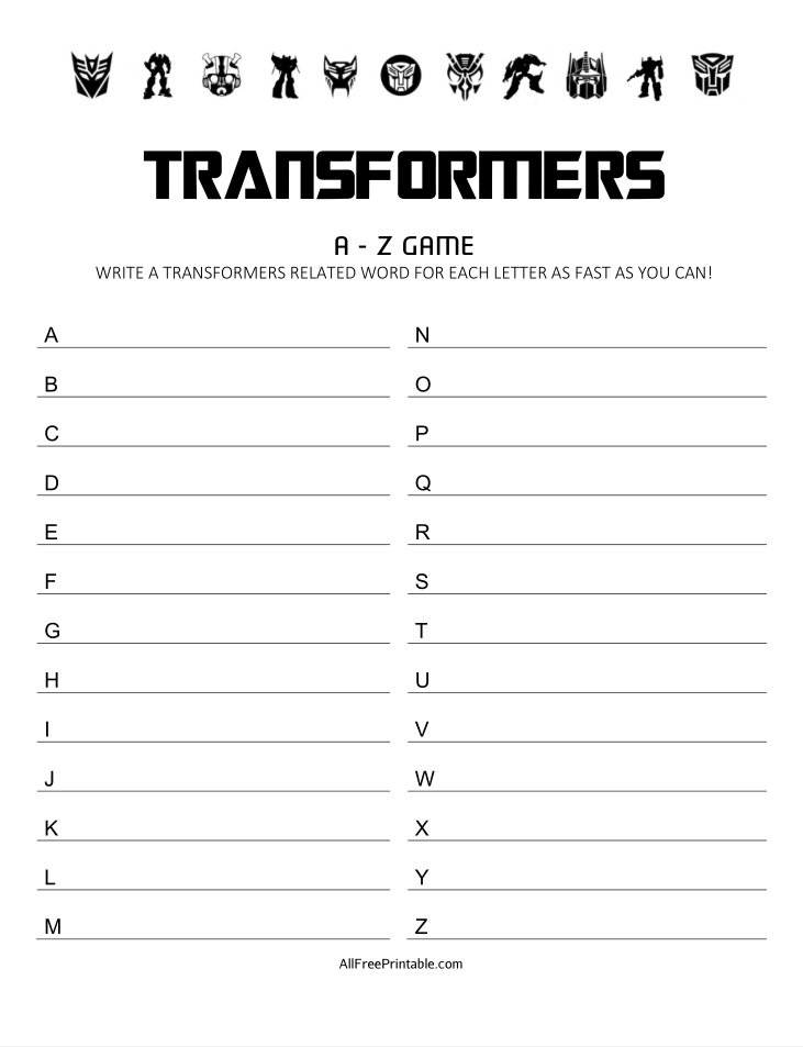 Free Printable Transformers A-Z Game