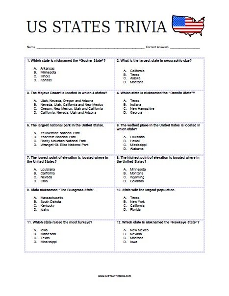 US States Trivia Free Printable