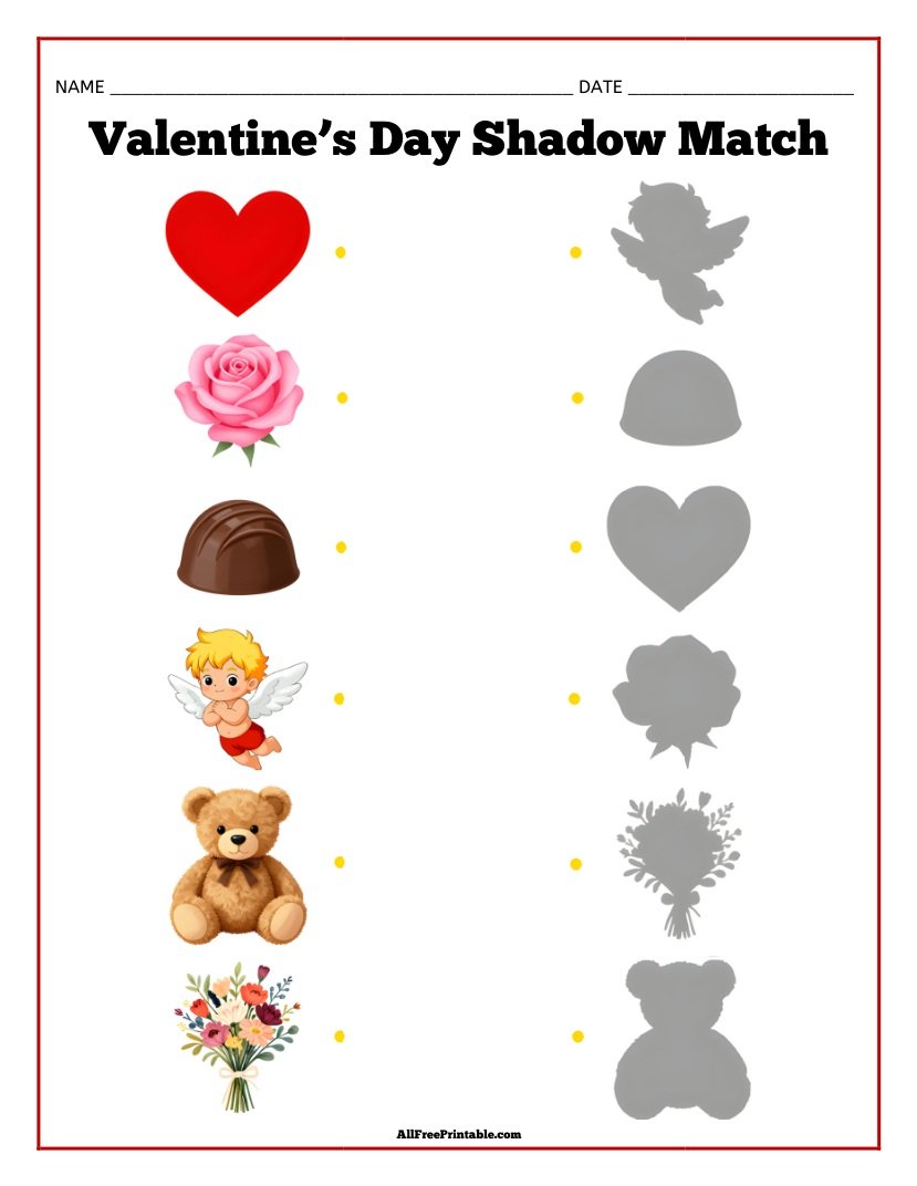 Free Printable Valentine's Day Shadow Matching Worksheet