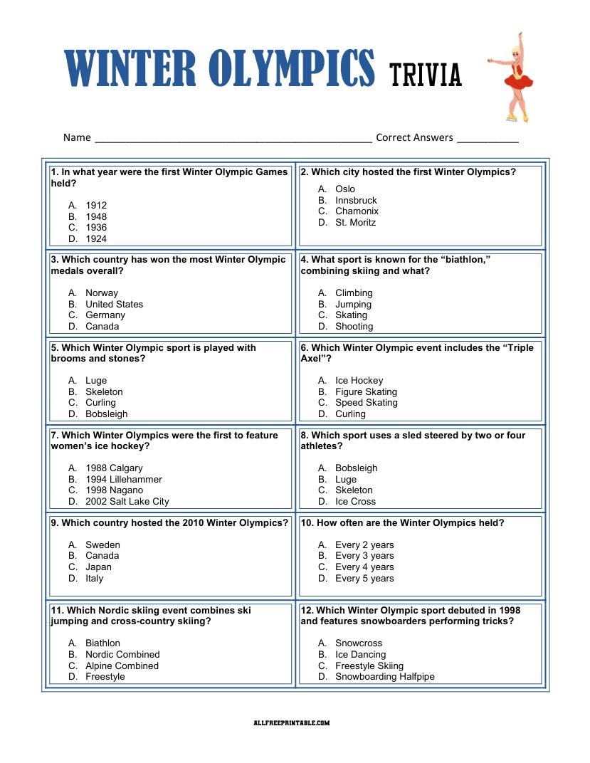 Free Printable Winter Olympics Trivia