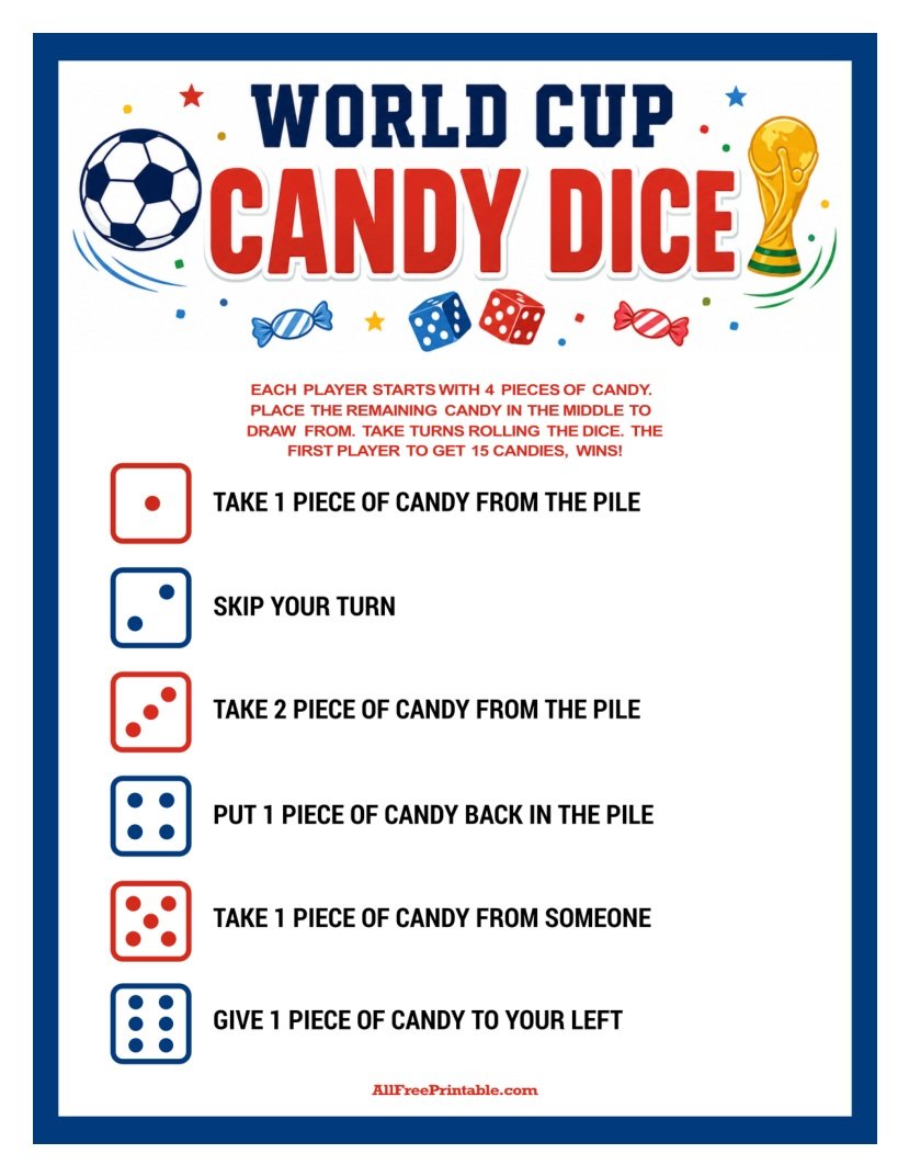 Free Printable World Cup Candy Dice Game PDF