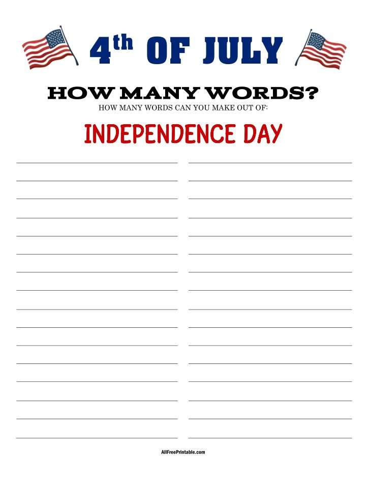 Free Printable 4th of July How Many Words Game