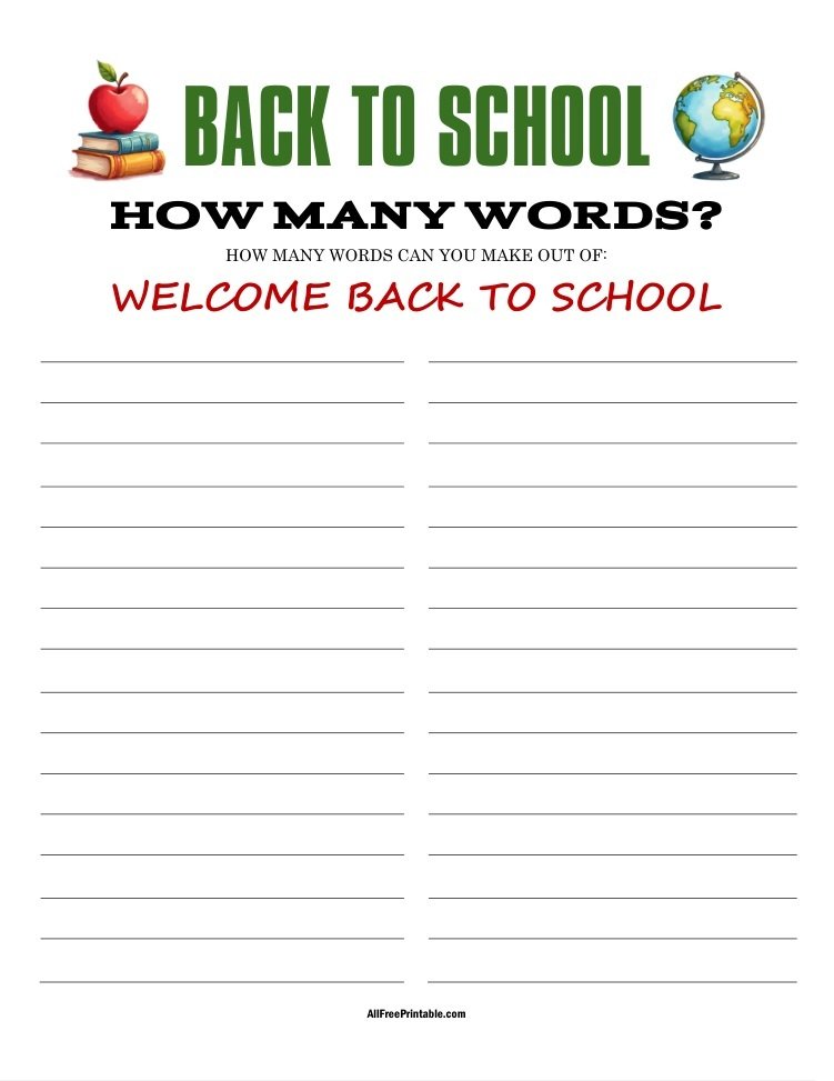 Free Printable Back to School How Many Words Game