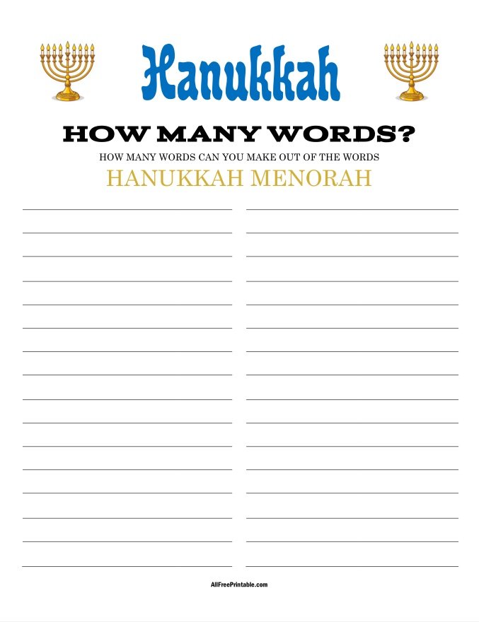 Free Printable Hanukkah How Many Words Game