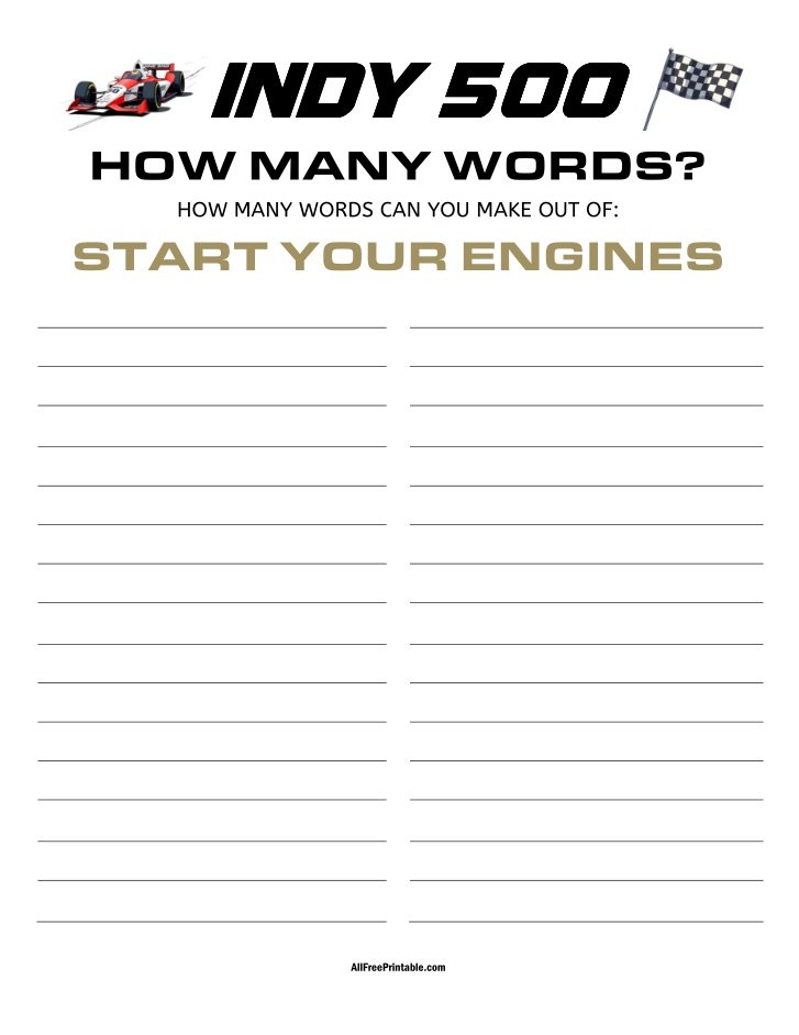 Free Printable Indy 500 How Many Words Game