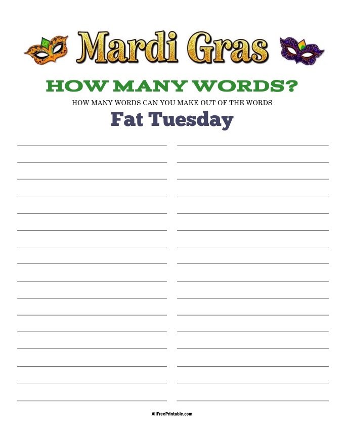 Free Printable Mardi Gras How Many Words Game