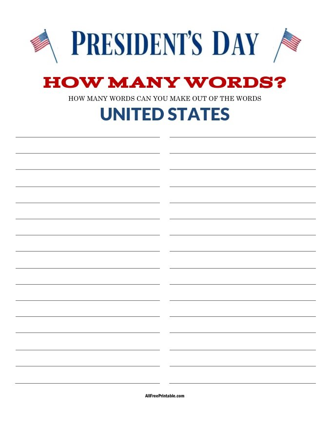 Free Printable Presidents Day How Many Words Game