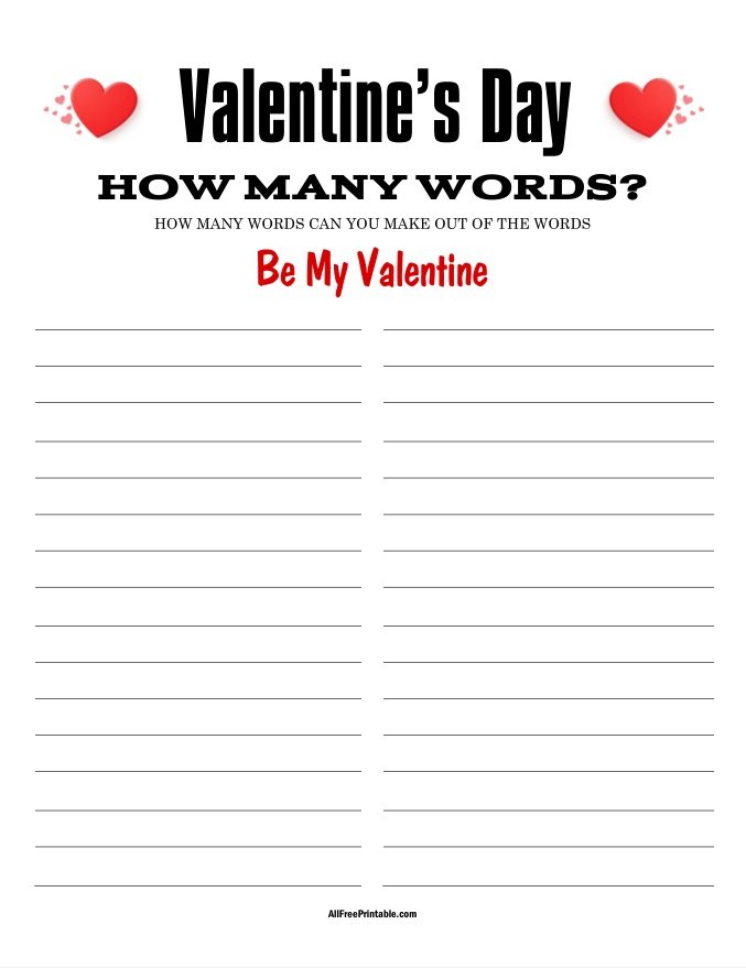 Free Printable Valentine's Day How Many Words Game