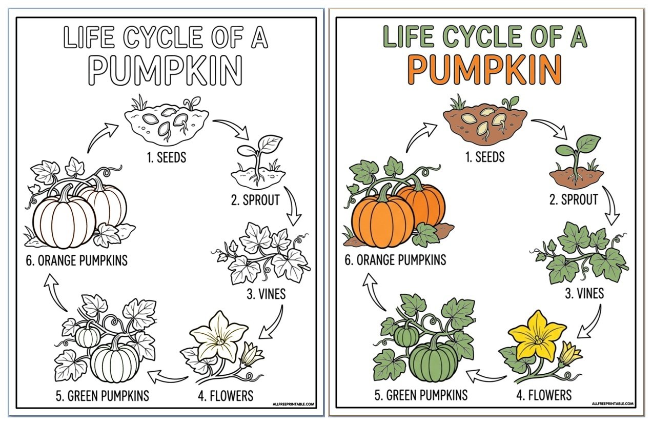 Free Printable Pumpkin Life Cycle Coloring Infographic PDF