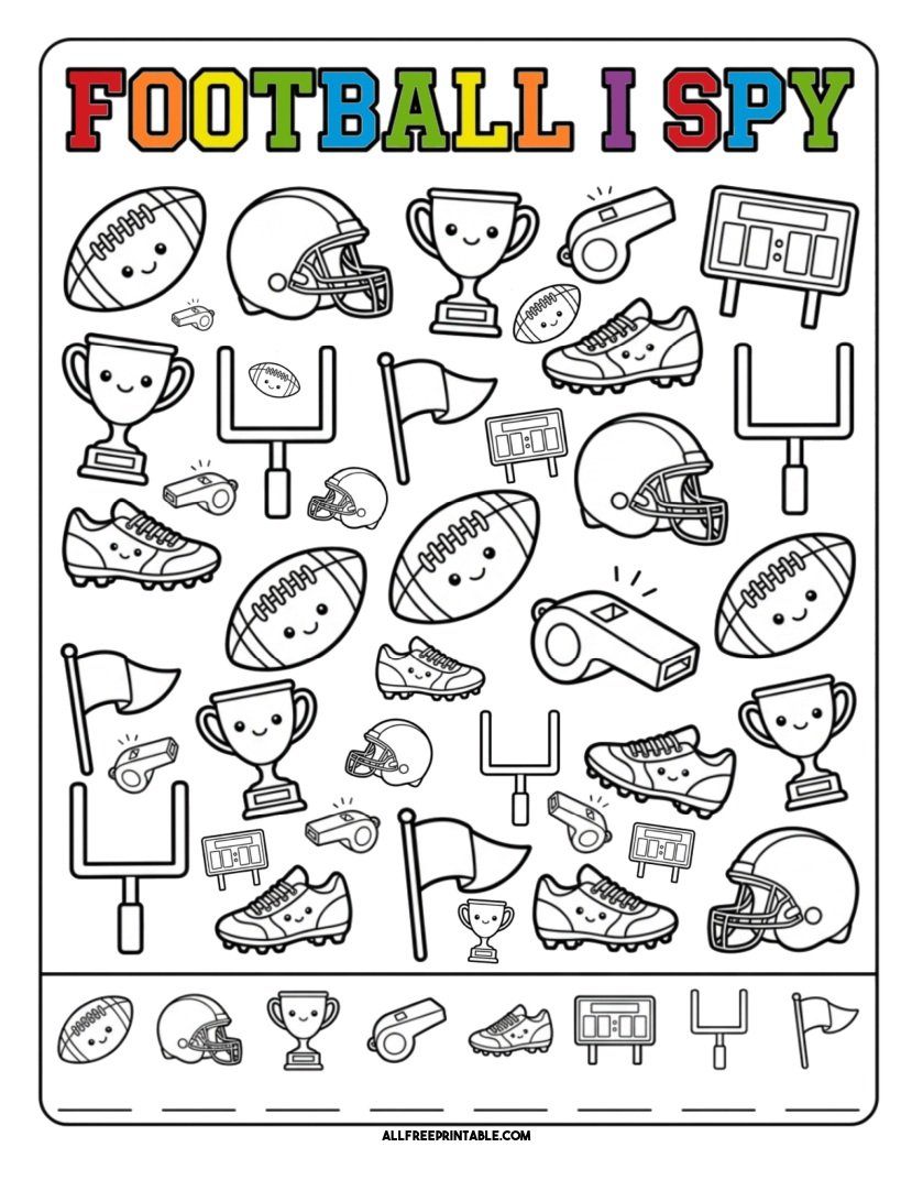 Free Printable Football Cute I Spy Game for Kids PDF
