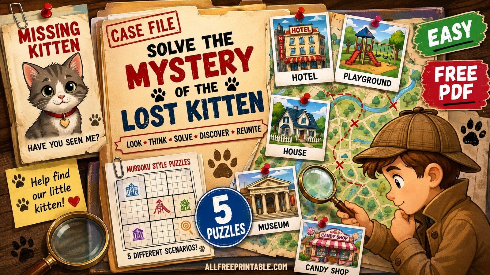 Free Printable Lost Kitten Mystery Logic Puzzles for Kids PDF – Easy